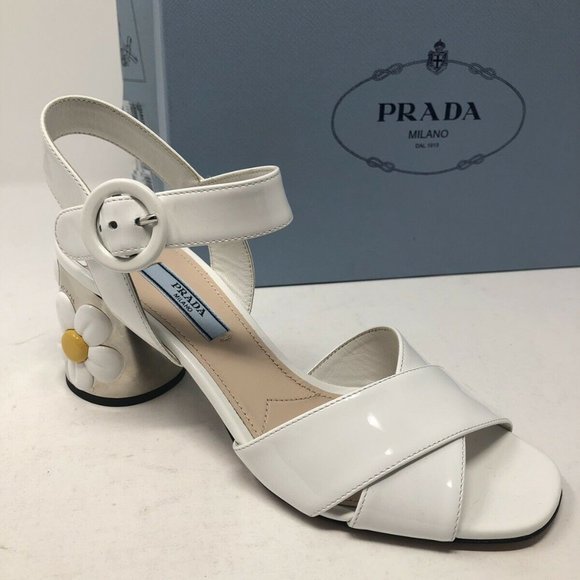 New PRADA White Heels Flower Sandals Size 6